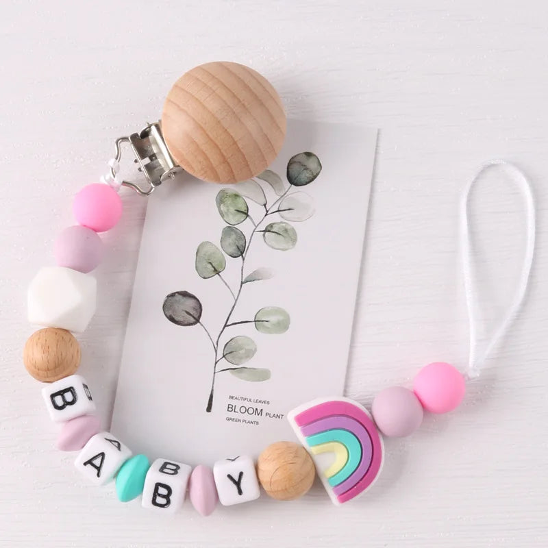 Custom Personalized Name Pacifier Holder Chain Handmade Beech Wooden Clip Cilicone Teether Baby Teething Toy Newborn Chew Gift