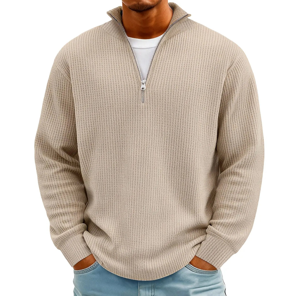 New Sweatshirts For Men Spring Waffle Long-sleeved T-shirt Men's Casual Loose Zipper Polo Collar Tees Tops Man Outwear
