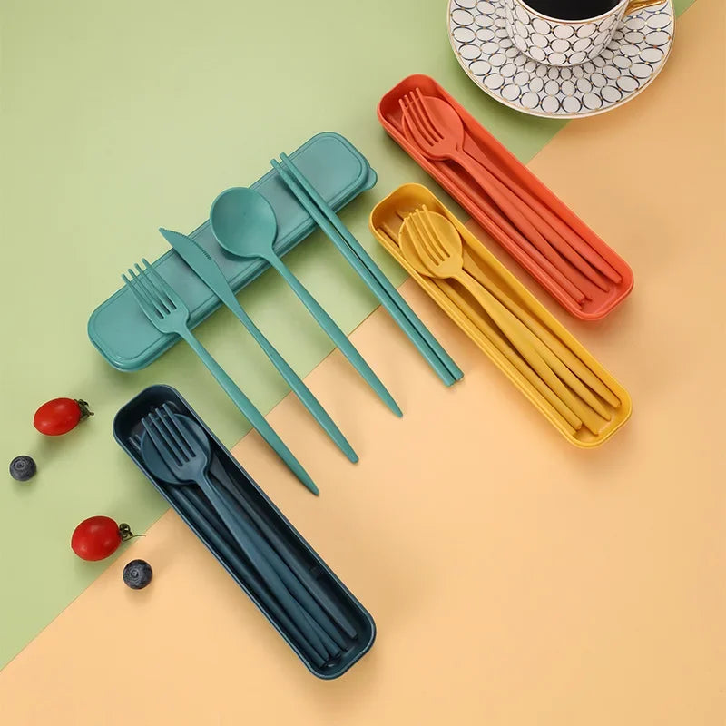 4-piece Portable Utensils, Healthy Eco-Friendly Wheat Straw Cutlery, Reusable Chopstick Fork Knife Spoon Set
