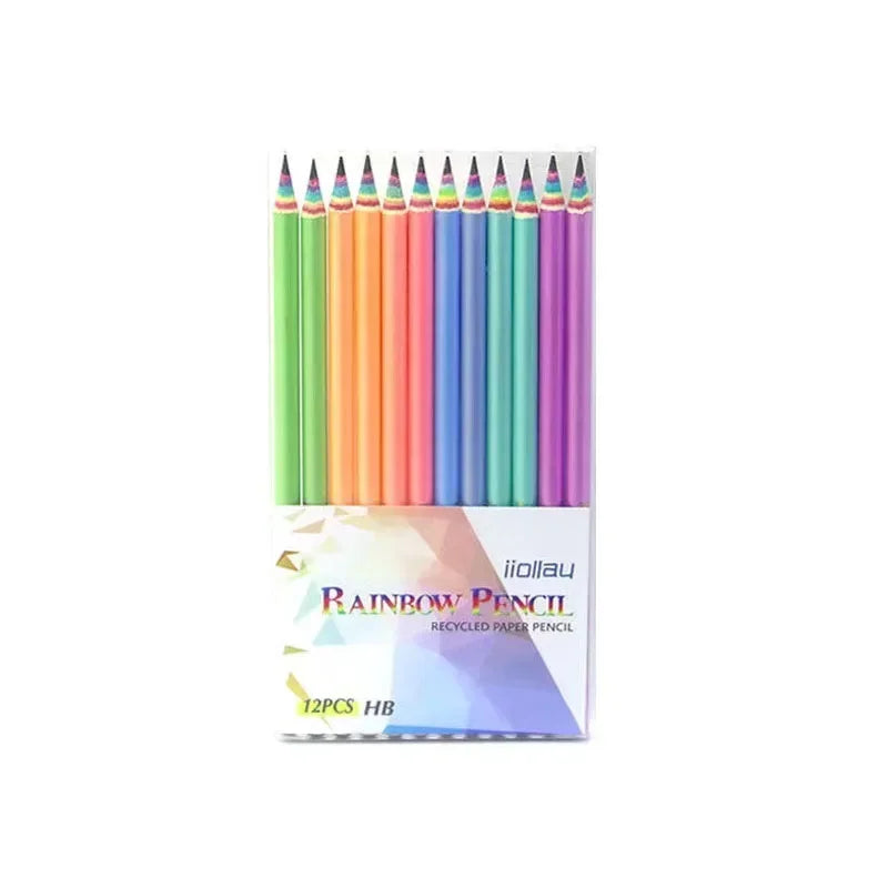 12 Rainbow Paper Pencil Set Children's Writing and Painting HB Professional Art Sketch Comic Pen Office School Supplies