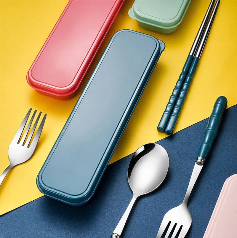 3pcs Portable Dinnerware Kit Spoon Fork Chopstick Set Travel Flatware With Box Set Stainless Steel Travelling Dinnerware Set