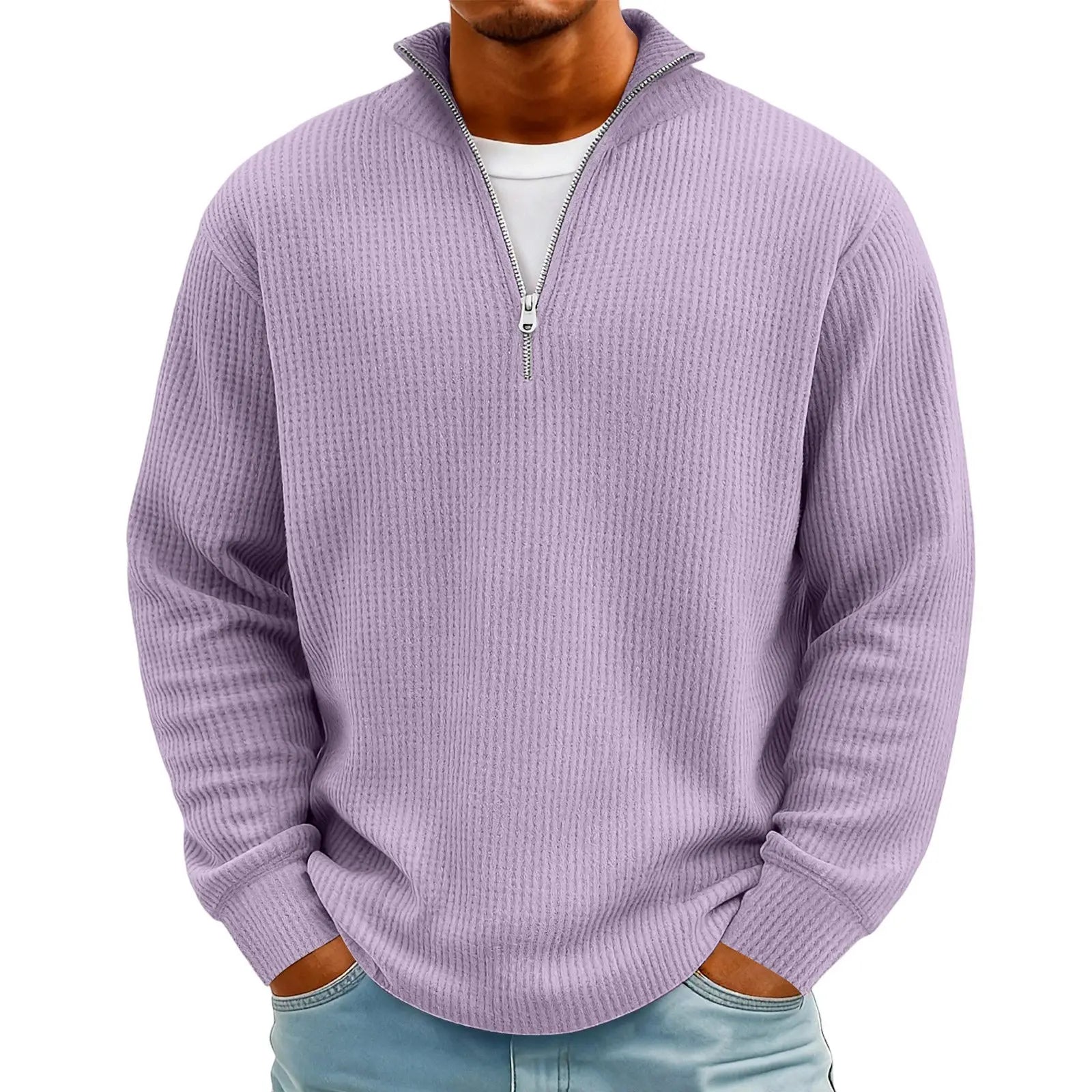 New Sweatshirts For Men Spring Waffle Long-sleeved T-shirt Men's Casual Loose Zipper Polo Collar Tees Tops Man Outwear