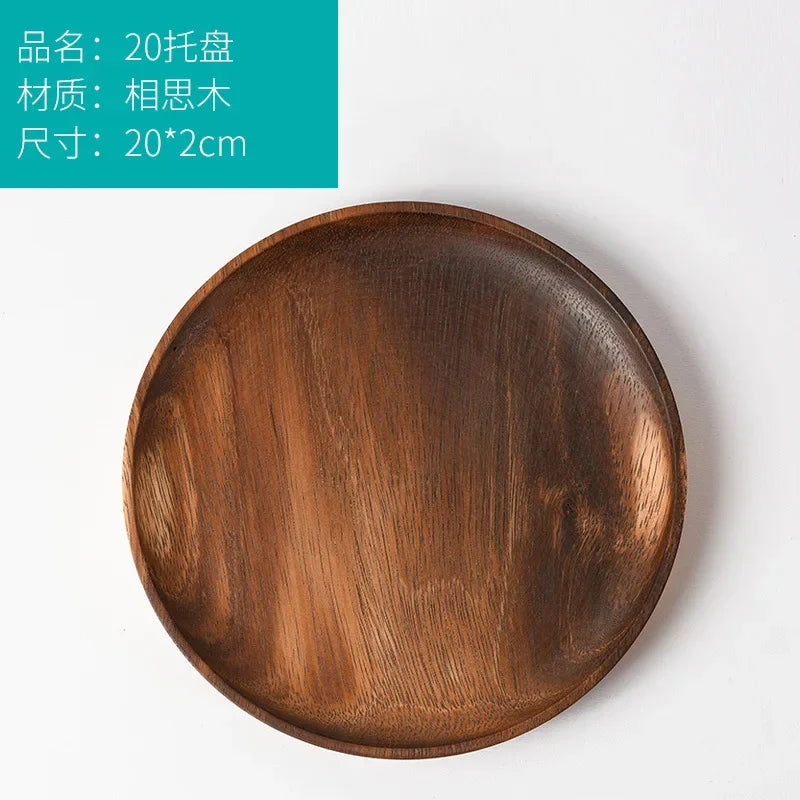Japanese Household Dishes Acacia Wood Round Tableware Salad Dessert Tray Vintage Wood Dinnerware Set Plates Serving Platter