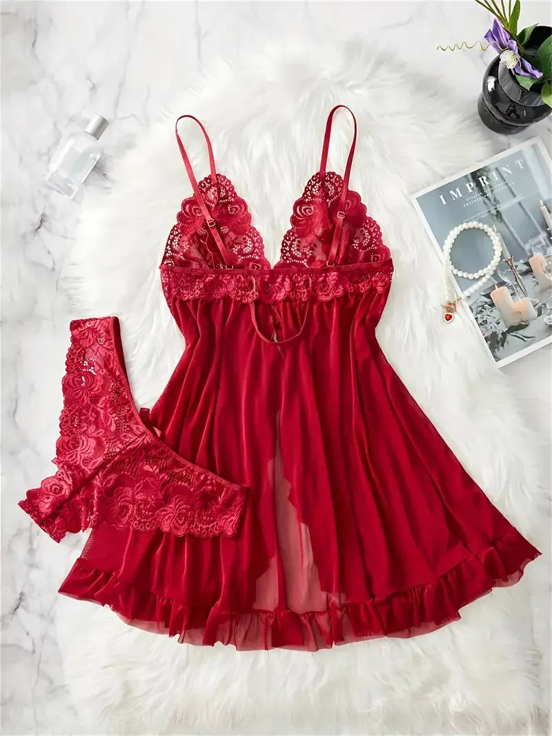 Red Sexy Lingerie Erotic Underwear Sets Transparent Porno Lace Bra And Panty Set Lingerie women Hot Sleepwear Babydoll Dress