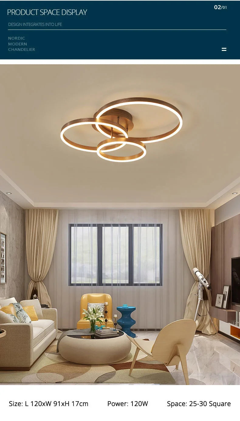 Household Gold Led Chandeliers 3 Circle Bedroom Metal Living Dining Room Lighting Chandelier Brown Glossy Lamp Home Indoor Lamps
