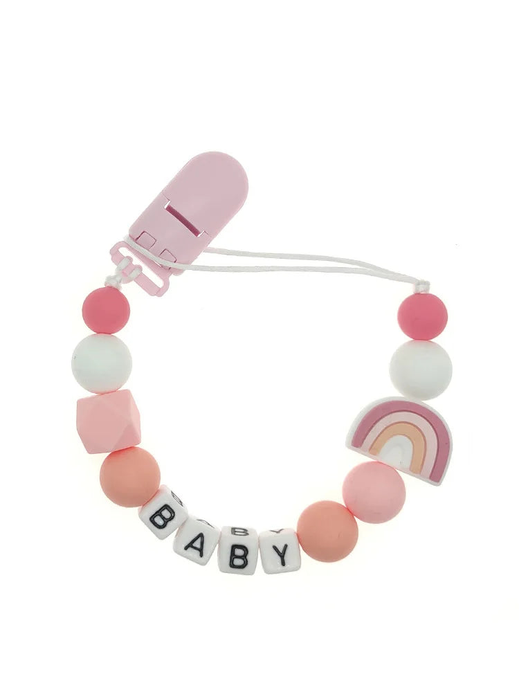 Custom Personalized Name Pacifier Holder Chain Handmade Beech Wooden Clip Cilicone Teether Baby Teething Toy Newborn Chew Gift