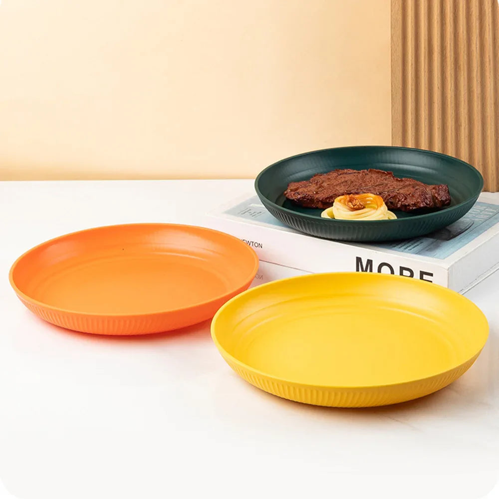 23cm Round Salad Dessert Dinner Plate Stackable Unbreakable Reusable 4Pcs Wheat Straw Dish Microwave Safe Fruit Plate for Dining