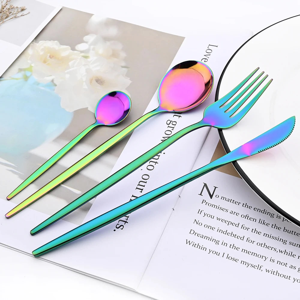 Drmfiy Pink Silver Stainless Steel Dinnerware Set Fork Knife Soup Ice Spoon Cutlery Set Western Flatware Kitchen Silverware Set