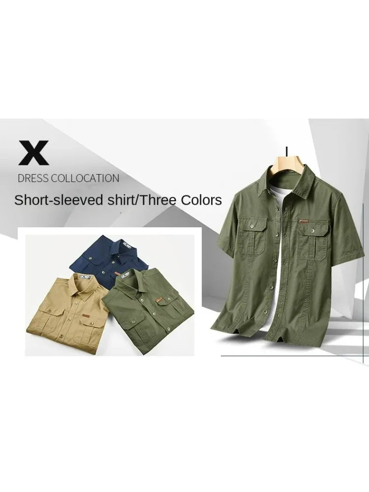 Summer Short Sleeve Shirt Men 100 Cotton Refreshing Breathable Sweat Absorbing Shirt Climbing Work Clothes Pocket Fishing Shirt