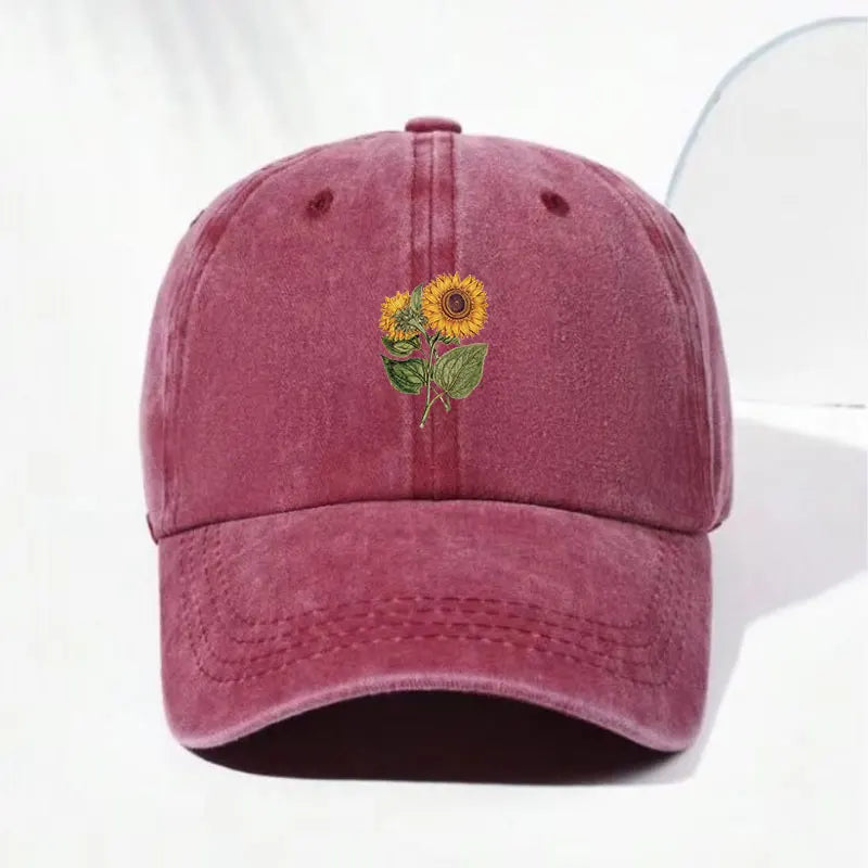 Trendy Sunflower Embroidery Snapback Cap Vintage Washed Cotton Adjustable Unisex Hip Hop Streetwear Hat Outdoor Cap Gift