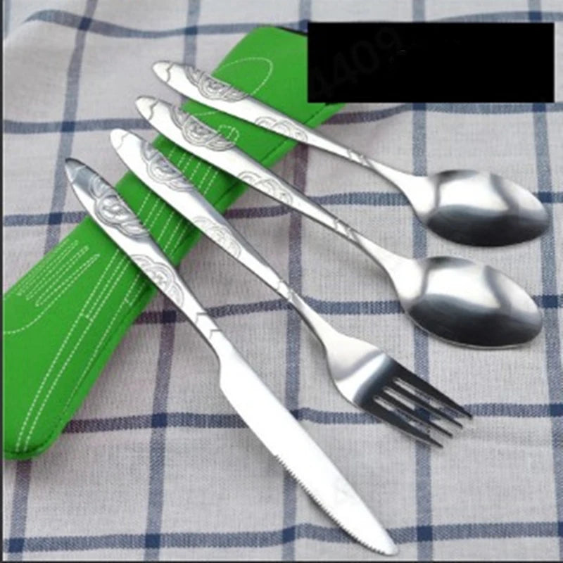 3Pcs/4Pcs/7Pcs Set Dinnerware Portable Printed Knifes Fork Spoon Stainless Steel Family Camping Steak Cutlery Tableware with Bag