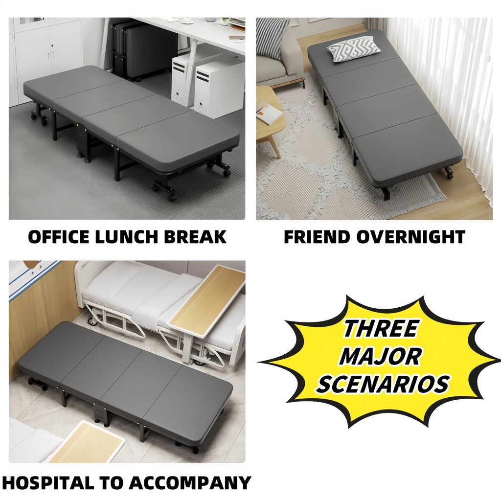 1 Dust Cover for a Folding Bed or 1 Folding Bed, Multifunctional Tech Fabric with High-Density Foam Mattress, Compact Storage Space, Single Bed, Folds into a Quarter, Easy to Assemble, with Wheels, Lightweight, Portable Iron