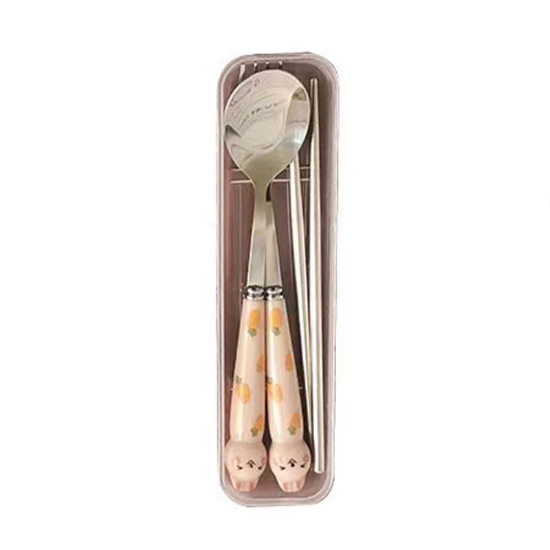 Cutlery Cartoon Rabbit Spoon Fork Chopsticks Sets Portable Lunch Tableware Stainless Steel Travel Dinnerware Kitchen Supplies