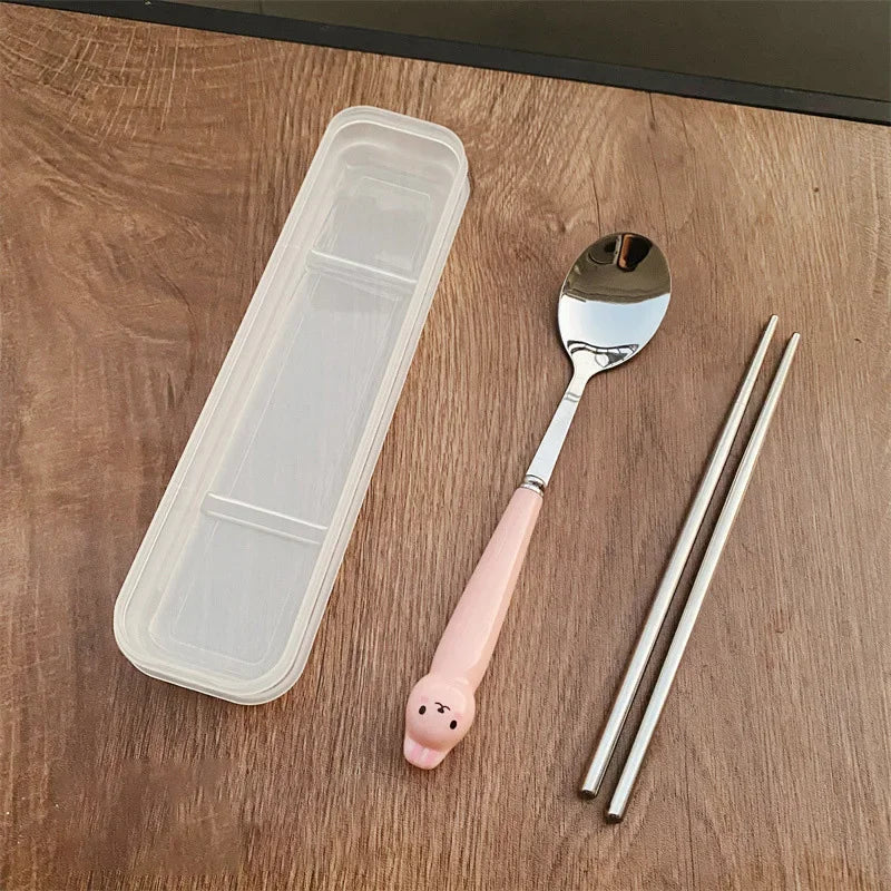 Cutlery Cartoon Rabbit Spoon Fork Chopsticks Sets Portable Lunch Tableware Stainless Steel Travel Dinnerware Kitchen Supplies