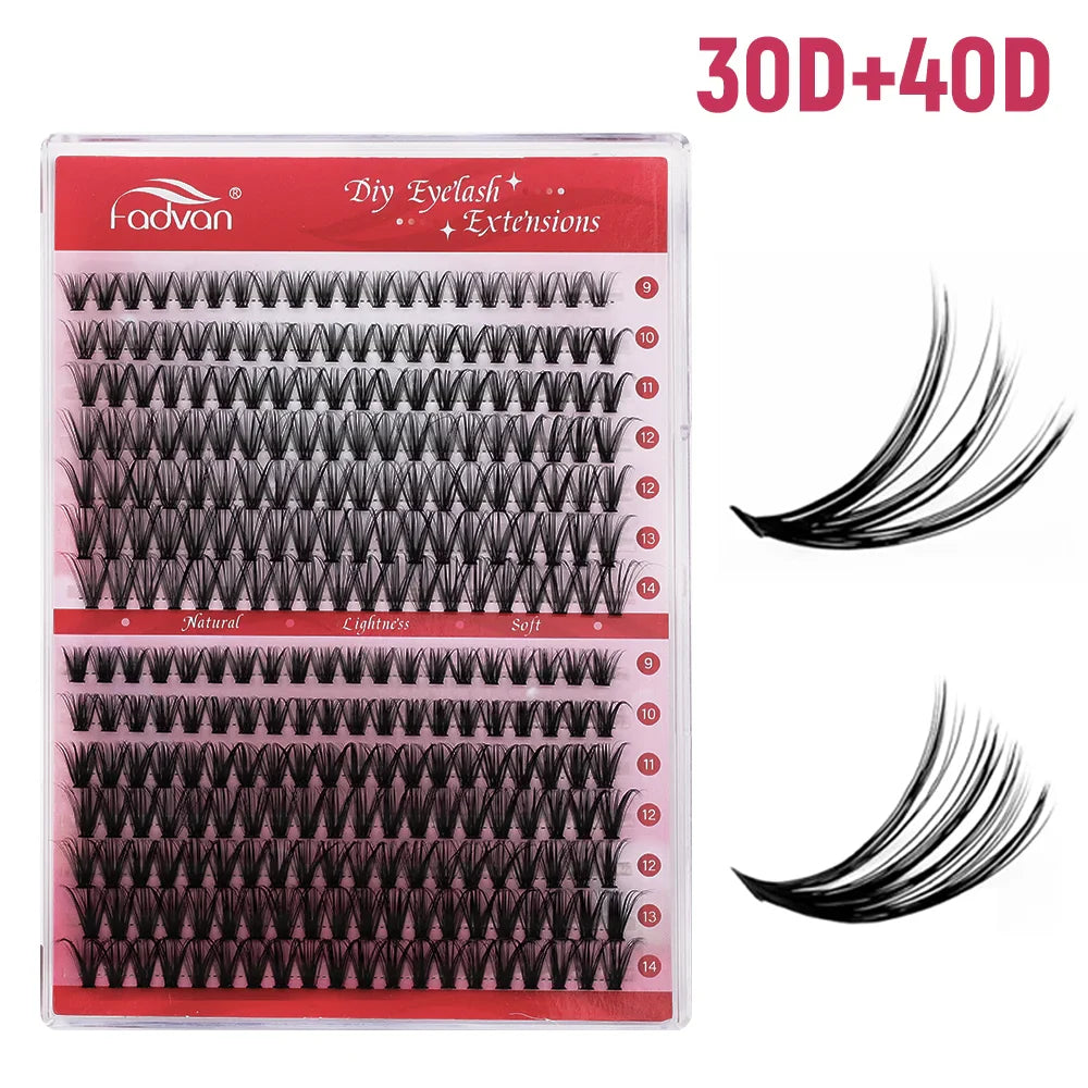 FADVAN Lashes 14 Row 30D+40D Cluster Lashes Upper Lower 0.07 D Mix10-16  Segmented Extens ion DIY