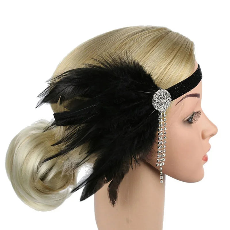 Hair Accessories For Women Girls Black Headband Rhinestone Sequin Vintage Party Headpiece Beaded Flapper Hair Feather Headband