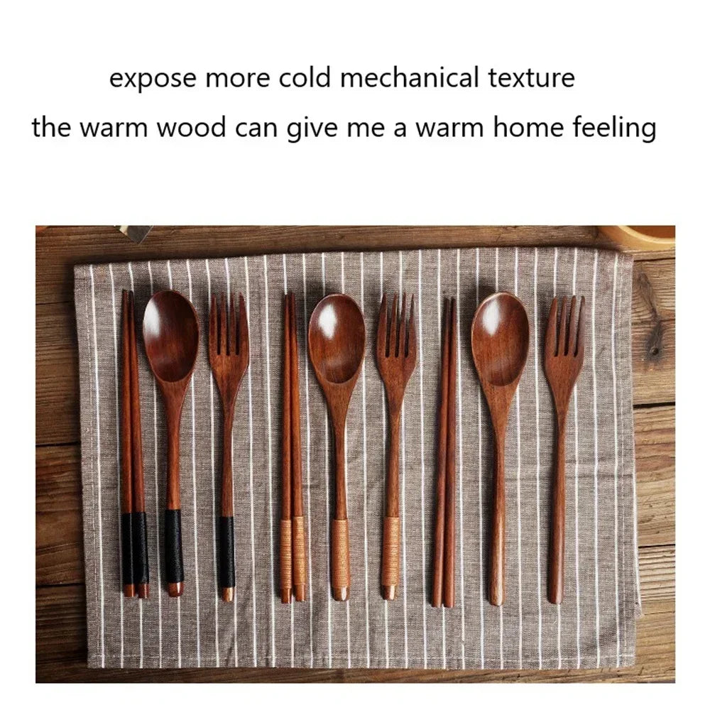 3 Piece Set Stainless Steel Cutlery Wooden Tableware Coffees and Teas Tableware Forks Spoon Korean Plates Dinner Sets Chopsticks