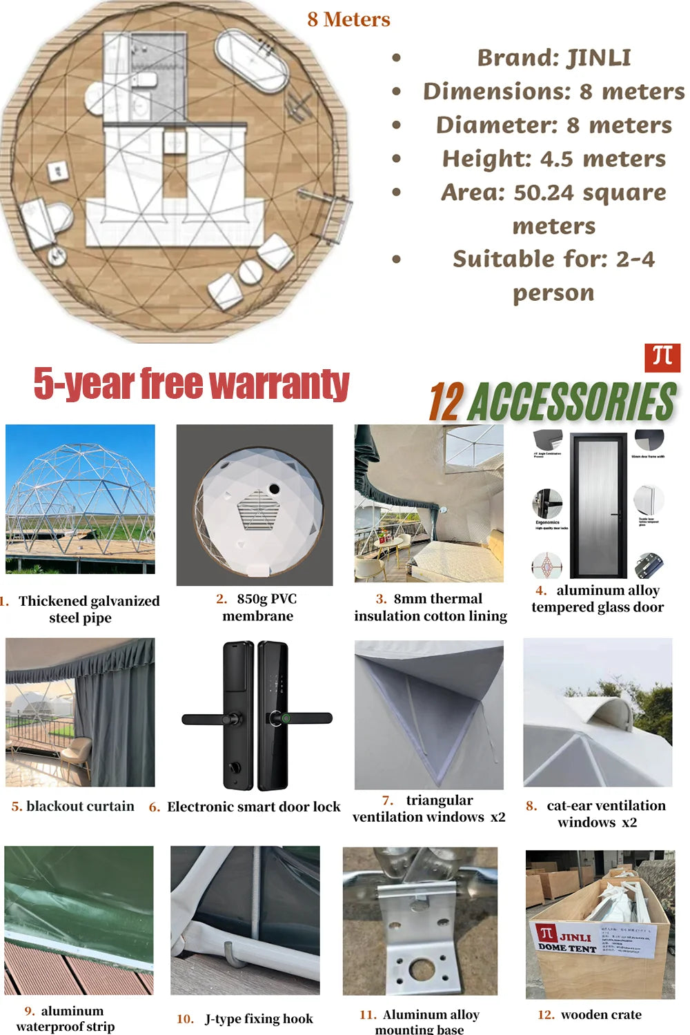 Spherical tent, geodesic tent, dome tent, galvanized steel pipe frame, PVC waterproof tarpaulin, wind-resistant, pressure-resist