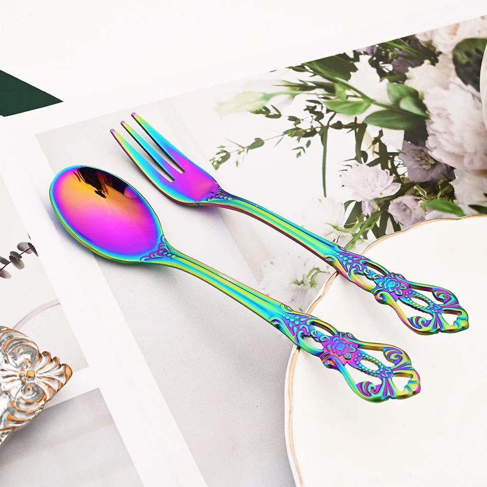 Stainless Steel Cutlery Set Knife Tea Fork Ice Cream Spoon Tableware Set Western Kitchen Flatware Rainbow Vintage Dinnerware Set