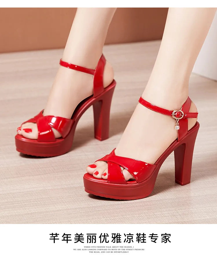 High quality sandals for women 10cm high heel new 2024 summer size 32 33 42 43 platform open toe elegant fashion shoe black red