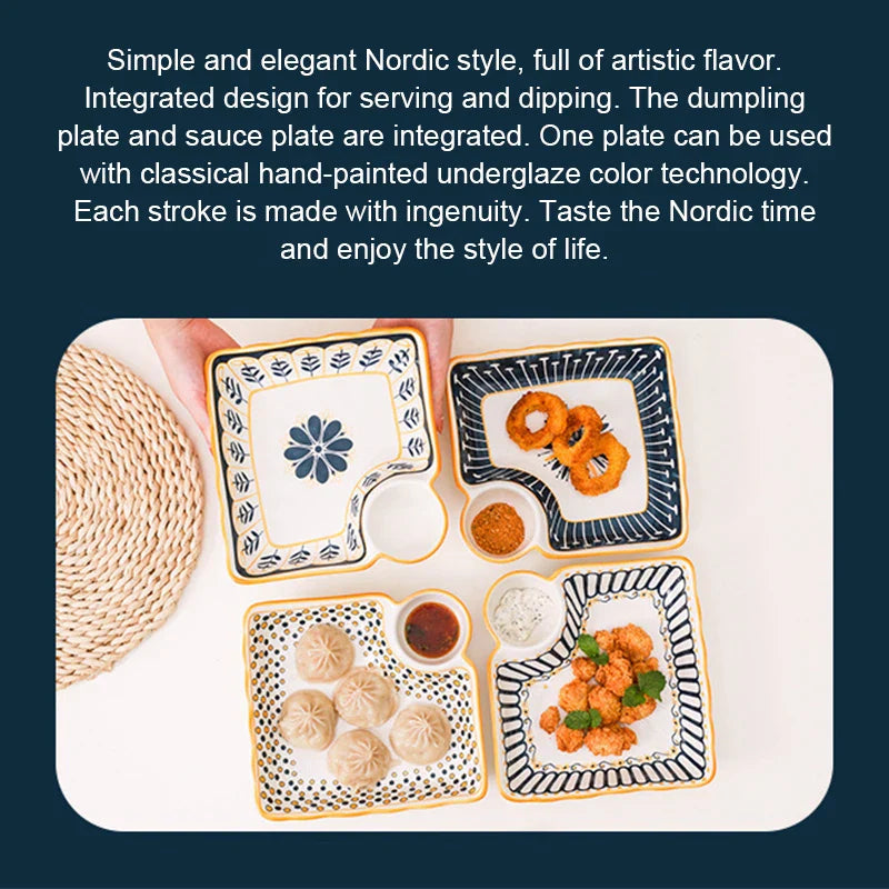 Dumpling Plate with Vinegar Dish Household Ceramic Plate Breakfast Compartment Plate High-Grade Dumpling