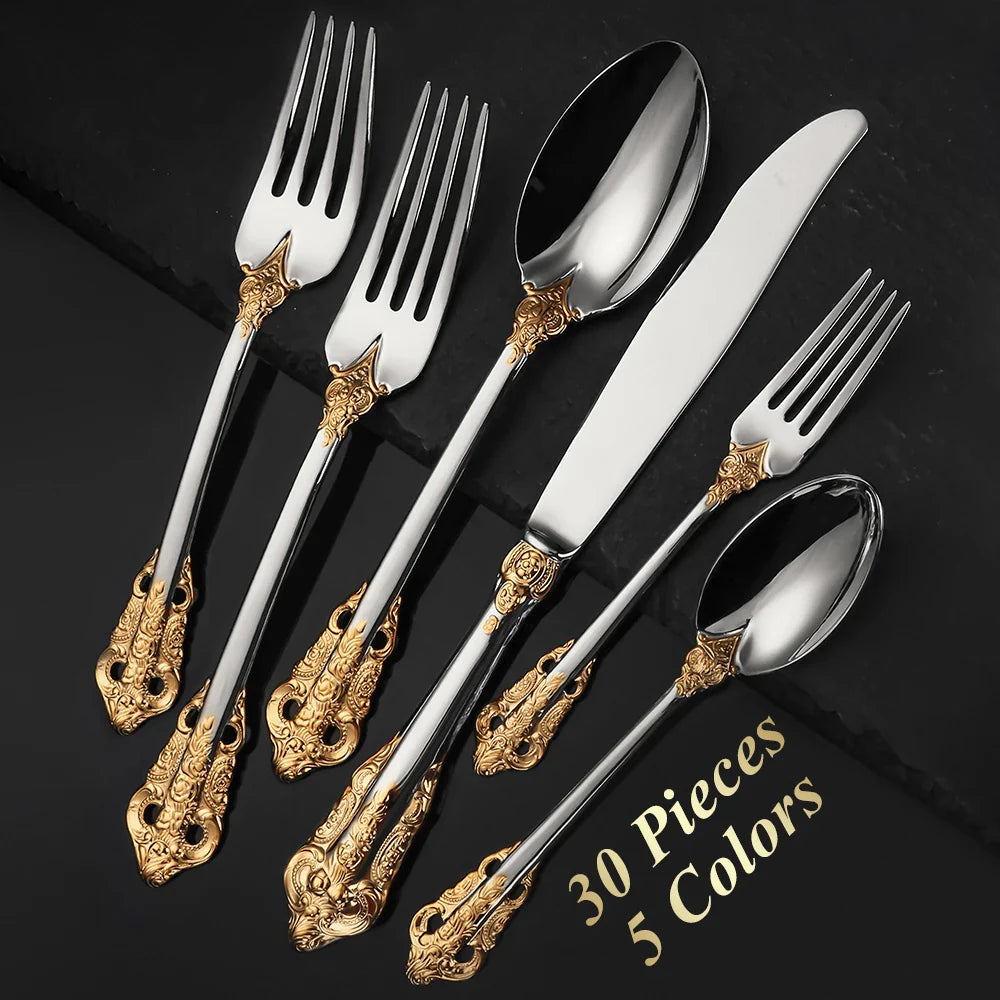 30-Pieces Royal Vintage Gold Plated Stainless Steel Cutlery Colorful Spoon Fork Knife Set Black Rose Gold Flatware Service For 6