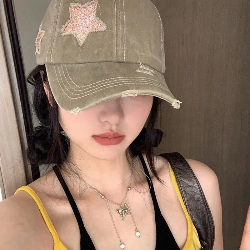 High Ponytail Baseball Cap For Women Snapback Hat Bone Hip Hop Adjustable Distressed Star Dad Hats Casquettes Female