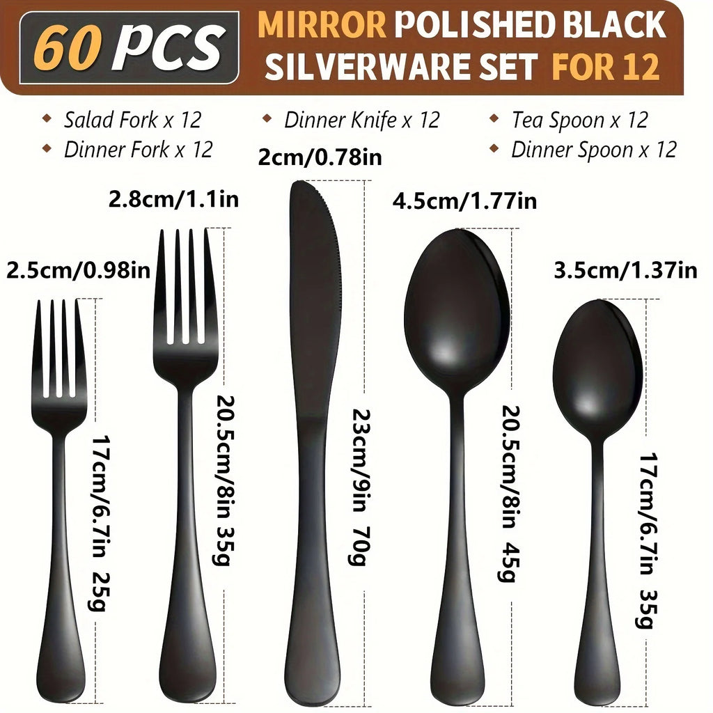 60pcs, Stainless Steel Flatware Set Black Silverware Mirror Polished Cutlery Set Birthdays Independence Day Dishwasher Safe
