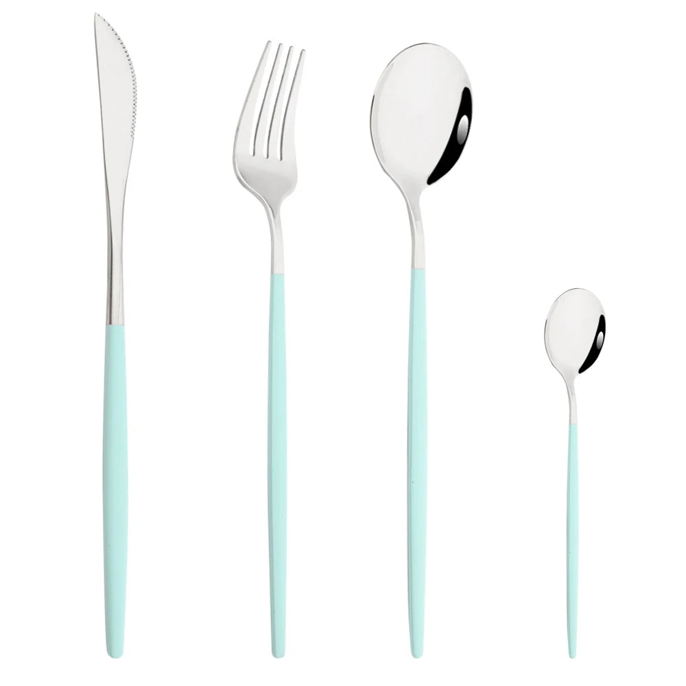Drmfiy Pink Silver Stainless Steel Dinnerware Set Fork Knife Soup Ice Spoon Cutlery Set Western Flatware Kitchen Silverware Set