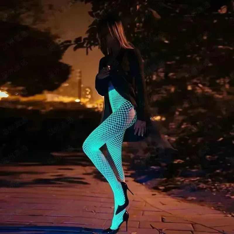 New Night Fluorescent Women's Long Socks Fishnet Body Stockings Curve Lingerie Mesh Fabric High Waist Sex Tights Sexy Bodysuits