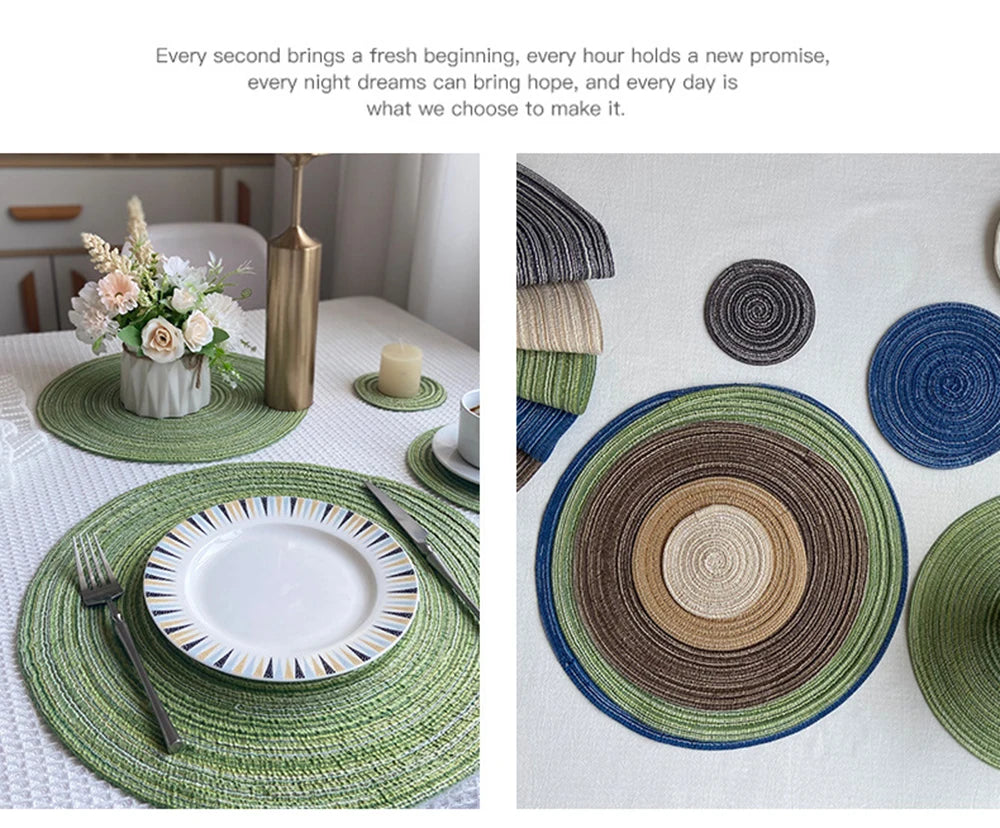 4pcs Round Table Mat Woven Ramie Placemats Anti Slip Dining Table Mats Non-Slip Tableware Bowl Pads Kitchen Drink Cup Coasters