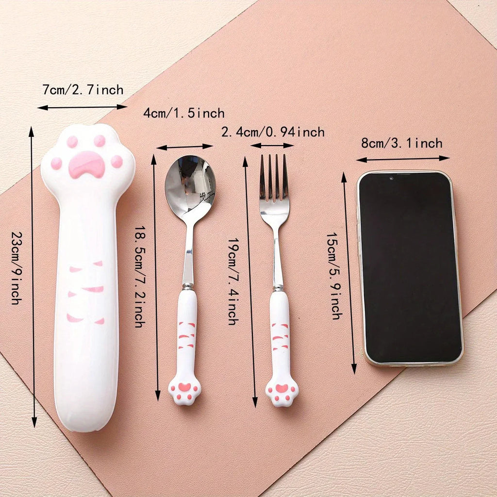Cute Cat Paw Cutlery Set Stainless Steel Fork Spoon with storage Box Dinnerware Tableware Silverware Lunch Portable Tableware