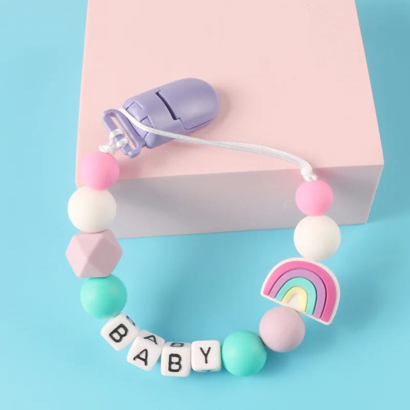 Custom Personalized Name Pacifier Holder Chain Handmade Beech Wooden Clip Cilicone Teether Baby Teething Toy Newborn Chew Gift