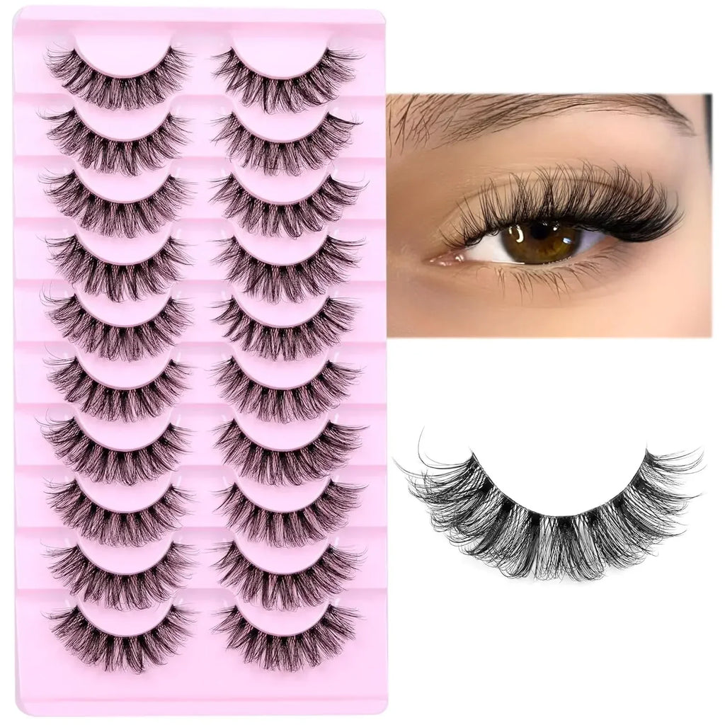 NEW 10 Pairs Natural Eyelashes Fluffy Lashes D Curl Eyelashes 3D Volume Wispy False Lashes Strips Clear Band Lashes Pack