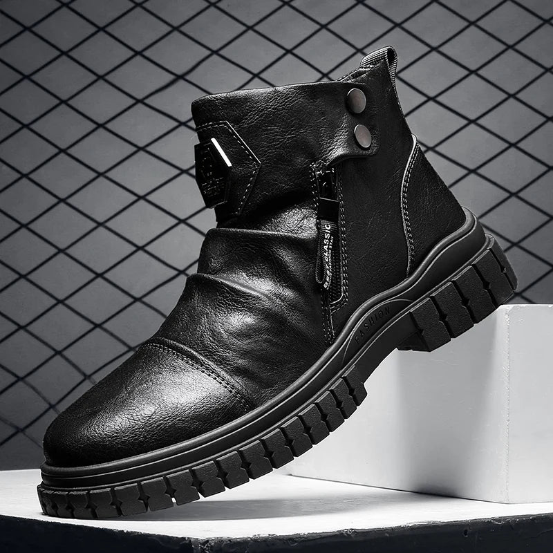 Fashion Mens Ankle Boots British Style High Top Casual Shoes Outdoor Walking Shoes Non-slip Work Boots Comfortable Leather Boots