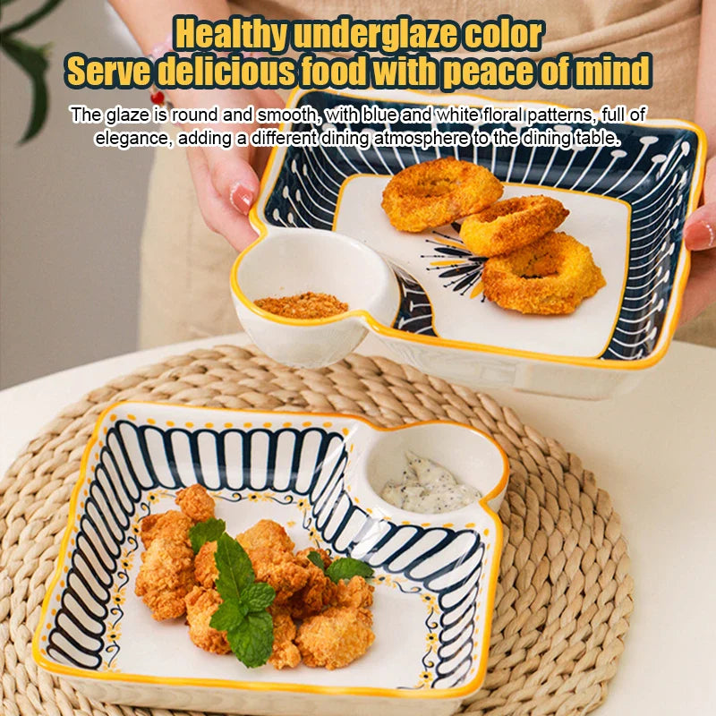 Dumpling Plate with Vinegar Dish Household Ceramic Plate Breakfast Compartment Plate High-Grade Dumpling