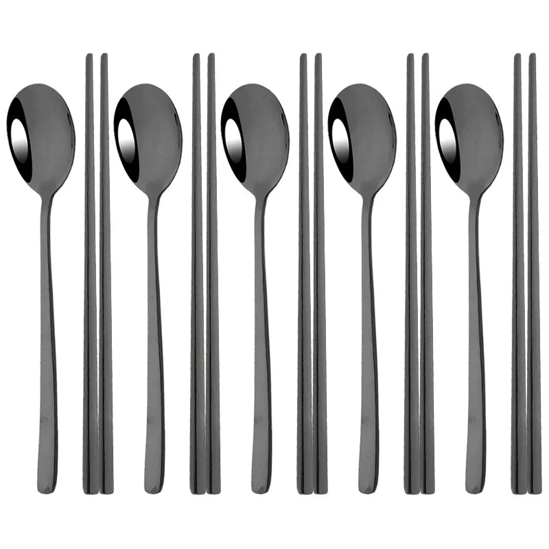 304 Stainless Steel Cutlery Set Sushi Sticks Dinner Spoons Set 10Pcs Dinnerware Korean Chopsticks Dessert Spoon Flatware Set