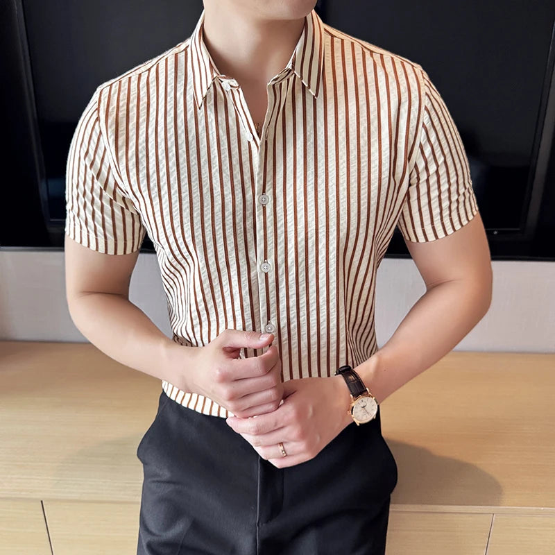 Men Striped Shirt 2026 Summer Light and Thin Breathable Sweat Absorbing Short Sleeved Slim Fit Casual Pleated Shirt Men Clothing