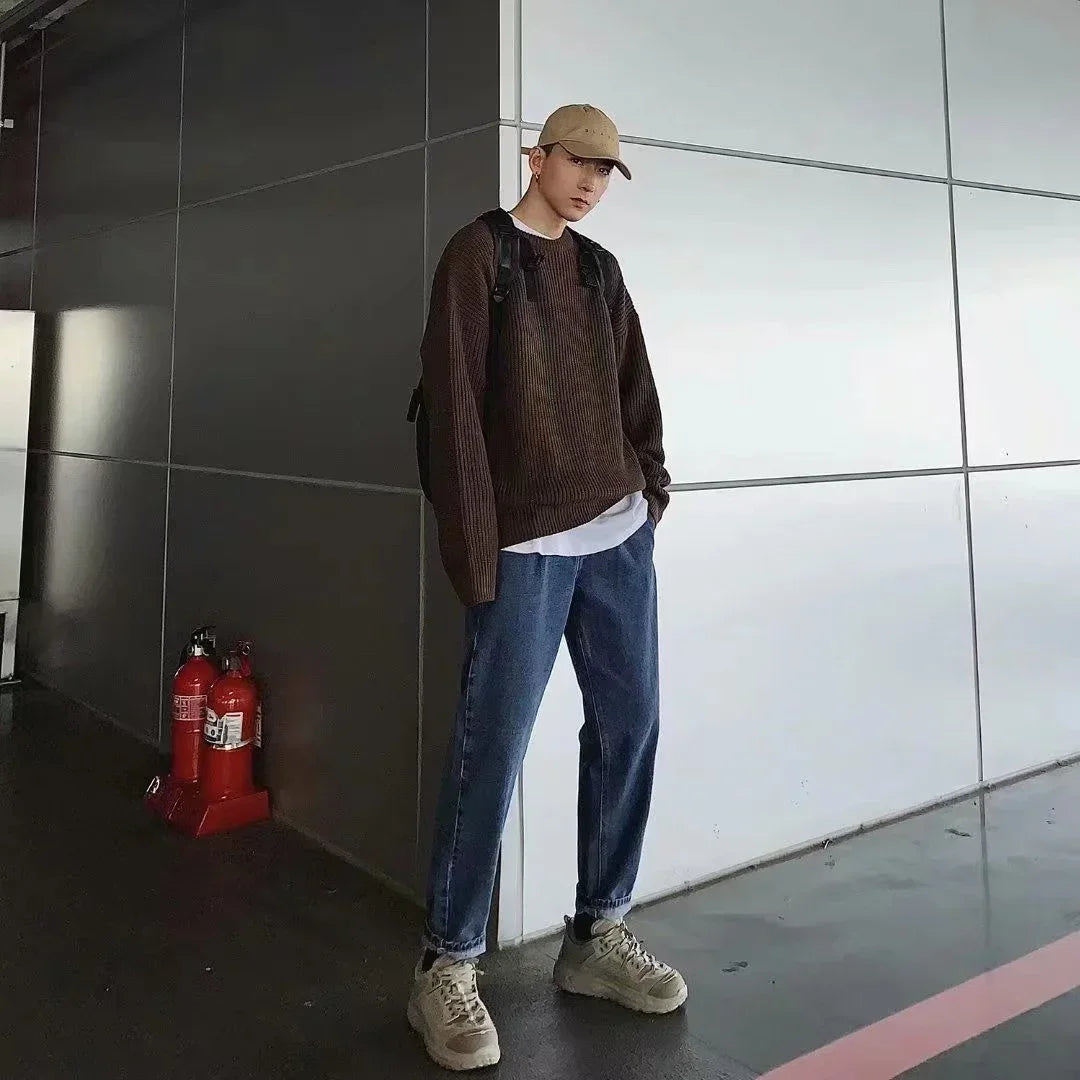 2025 Autumn Crew Neck Solid Color Pullover Sweaters For Men Casual Y2K Knitted Sweater High Street Fashion Jumpers Hombre