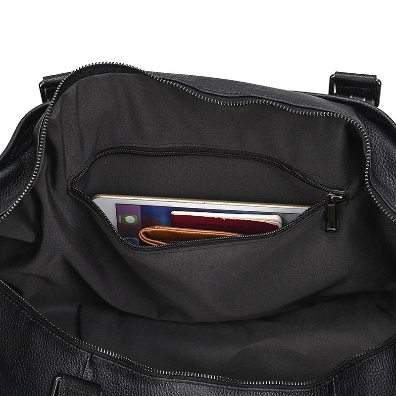 Big Capacity Genuine Leather Travel Bag For Men Women Soft Black Cowhide Casual Travel Duffel Large Luggage Weekend Shoulder Bag