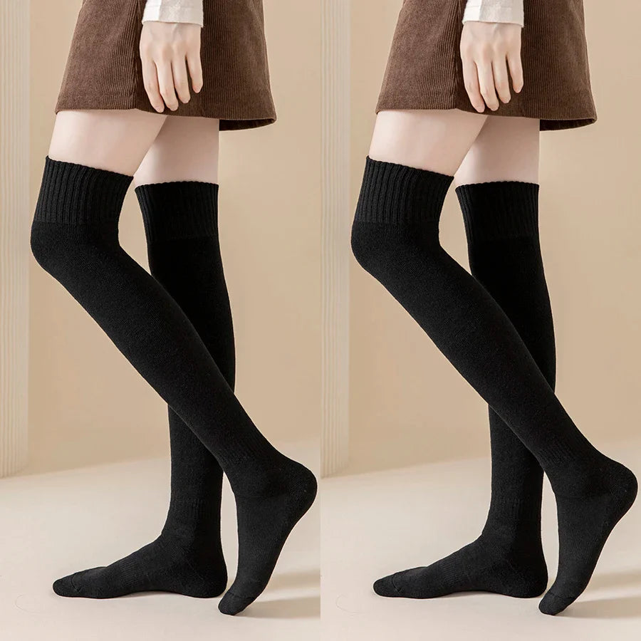 2 Pairs/Lot Winter Warm Thick Stockings Socks Women Over Knee High Hold Up Cotton Sexy Slim Ladies Girls Halloween Gift 6 Colors