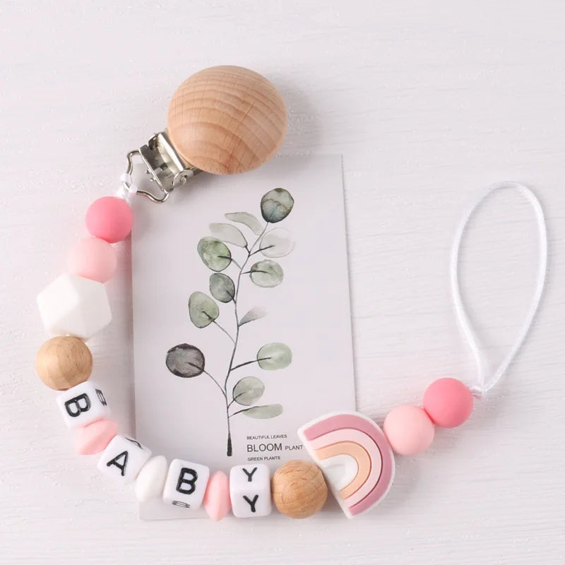 Custom Personalized Name Pacifier Holder Chain Handmade Beech Wooden Clip Cilicone Teether Baby Teething Toy Newborn Chew Gift