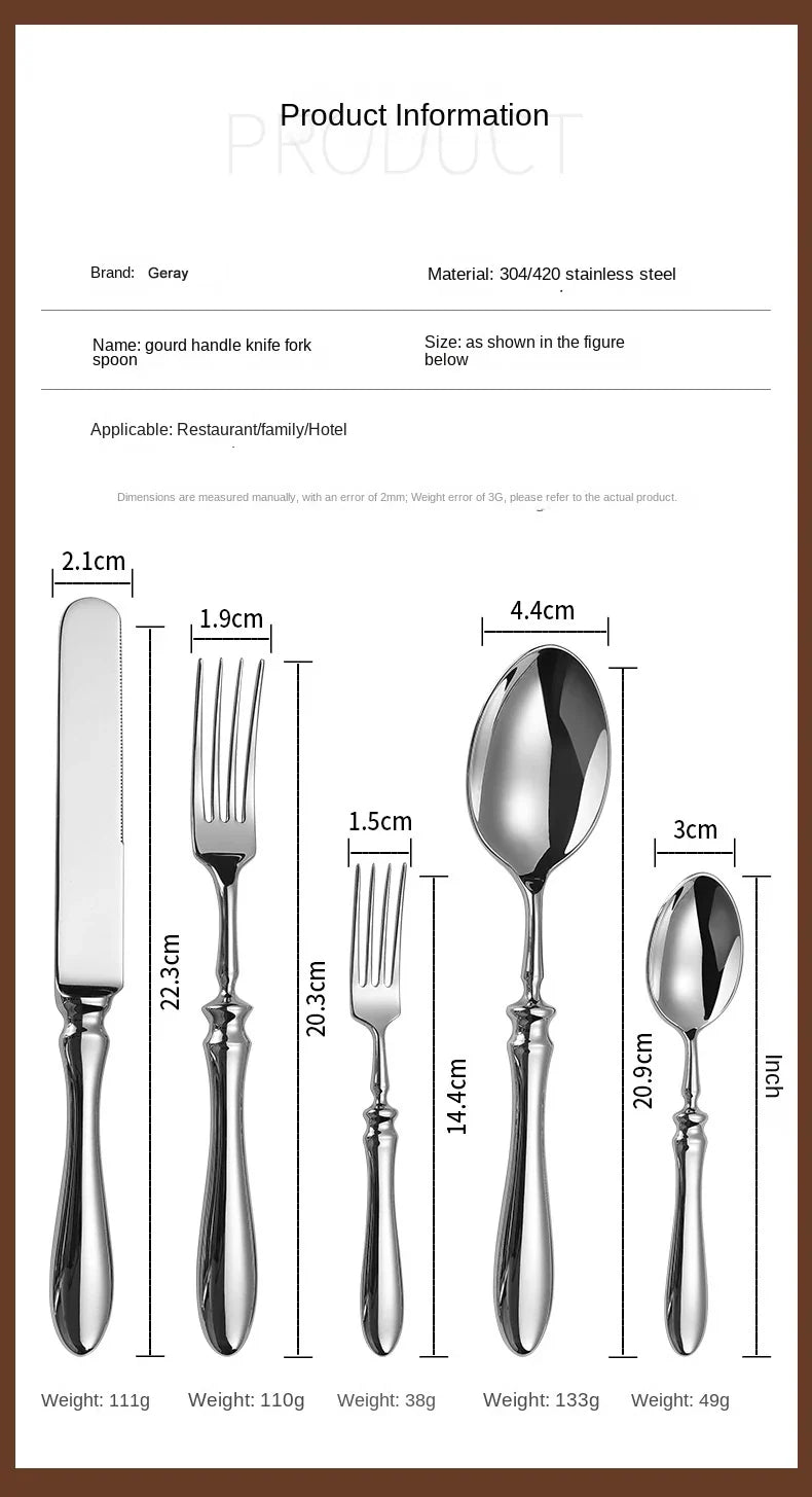 Luxury Gourd Shape Handle Stainless Steel Tableware 5 Pieces Spoons Forks Knives Elegant Cutlery Set