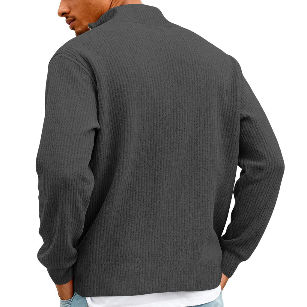New Sweatshirts For Men Spring Waffle Long-sleeved T-shirt Men's Casual Loose Zipper Polo Collar Tees Tops Man Outwear