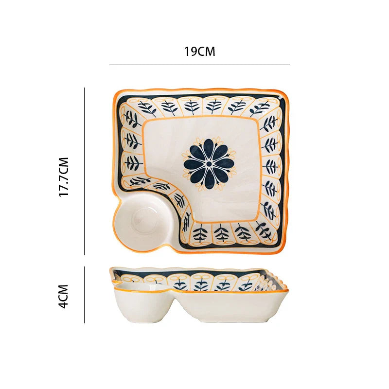 Dumpling Plate with Vinegar Dish Household Ceramic Plate Breakfast Compartment Plate High-Grade Dumpling