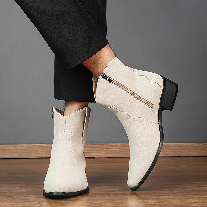 Men High Top Boots Solid Color Comfortable Breathable Fashionable Lightweight High Heeled Business Short Boots