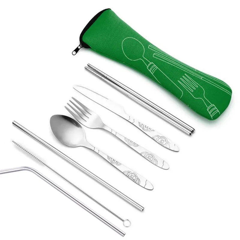 3Pcs/4Pcs/7Pcs Set Dinnerware Portable Printed Knifes Fork Spoon Stainless Steel Family Camping Steak Cutlery Tableware with Bag