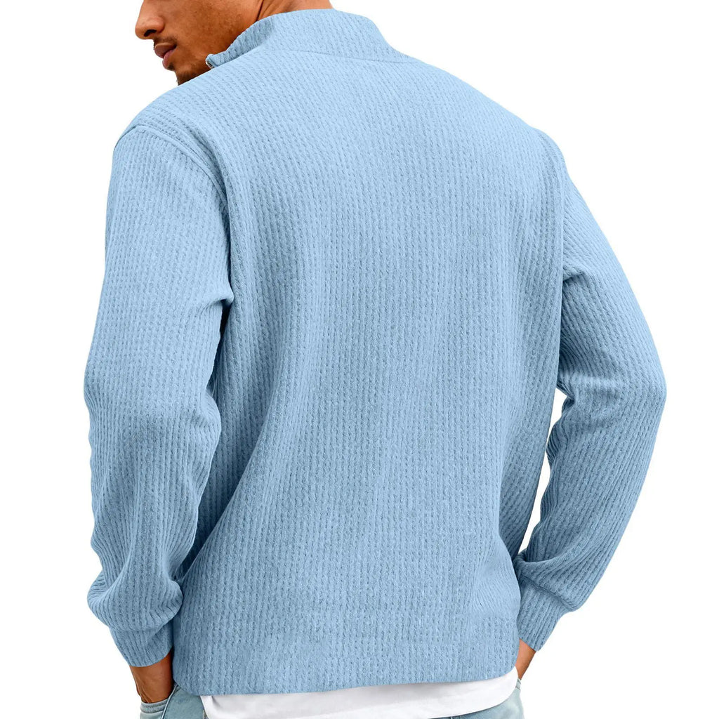 New Sweatshirts For Men Spring Waffle Long-sleeved T-shirt Men's Casual Loose Zipper Polo Collar Tees Tops Man Outwear