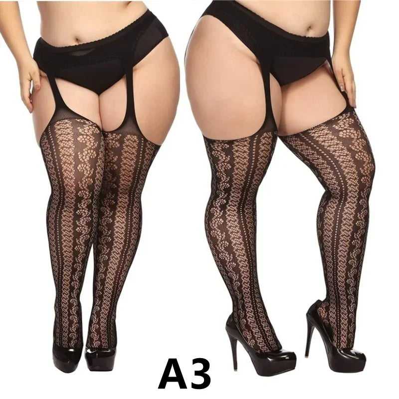 Lace Knee Thigh High Elastic Fishnet Stockings Sexy Transparent Thin Black Stocking White Plus Size Long Socks for Women Summer