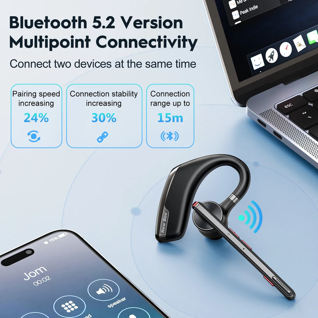 New Bee M51 Wireless Bluetooth Headset Earphones 5.2 Headphone with Dual-Mic CVC8.0 Noise Cancelling Handsfree Business Earpiece